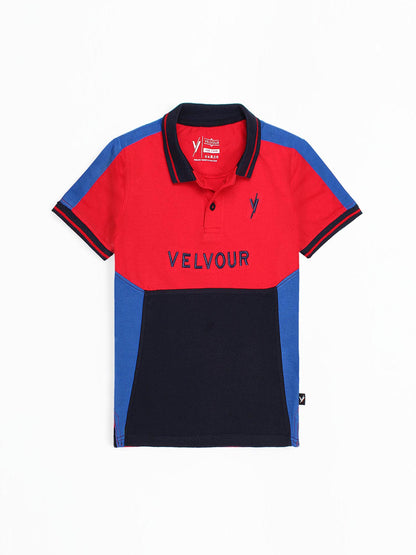 Tipping Collar Boys Polo Shirt Velvour Embroidered  Red And Navy