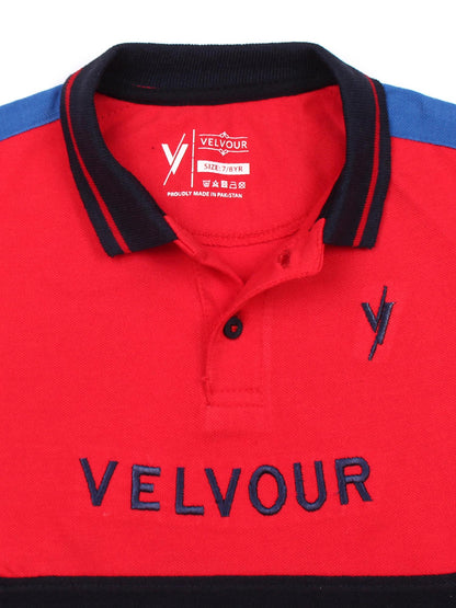 Tipping Collar Boys Polo Shirt Velvour Embroidered  Red And Navy