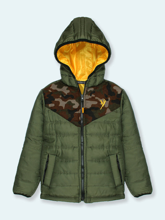 Full Sleeves Hooded Puffer Jacket Boys & Girls Camo & Olive Green VJ18